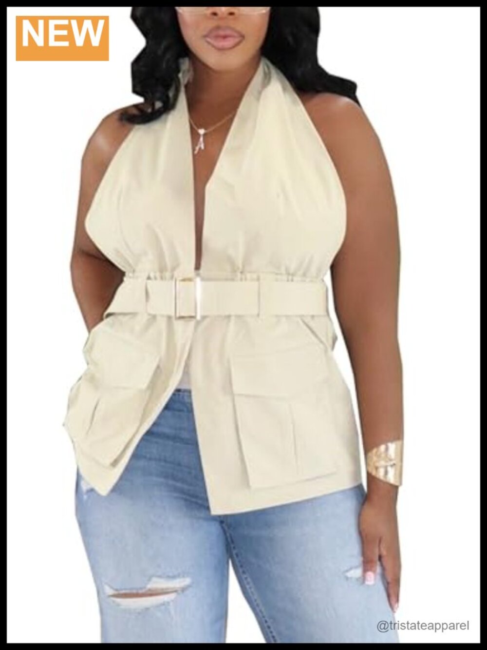 Women's Halter Cargo Vest Top Backless Deep V Neck Belted Utility Pockets